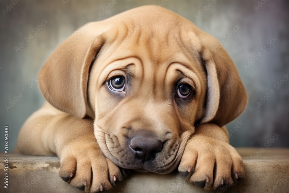 A cute puppy with soulful eyes displays a thoughtful, sad expression.