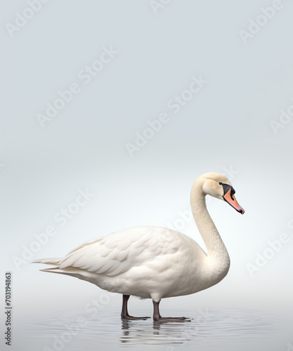 A graceful white swan stands in water against a pale grey background, exuding elegance and peace.
