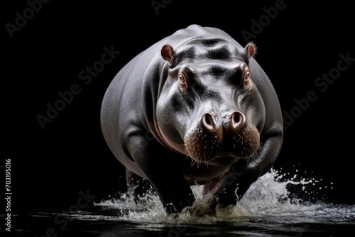A morphed face of a pygmy hippopotamus, appearing as if riding a hippo, is seen in water against a deep black background. photo