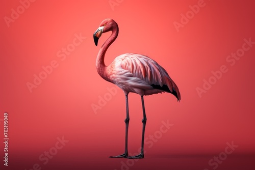 A highly realistic photo captures a graceful flamingo standing against a vibrant red background.