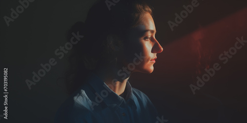 Determined woman with striking profile, illuminated by a sharp red and soft light contrast