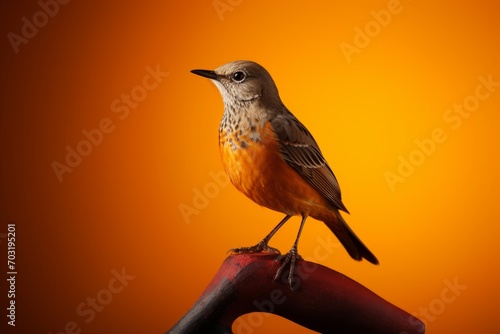 A colorful bird with a broad shoulder and rich, vivid colors perches on a wooden stick against an orange background.