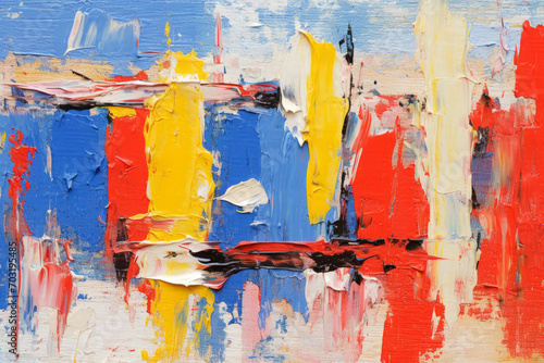 An abstract oil painting features bright brush strokes of red, yellow, and blue on a canvas. © Duka Mer