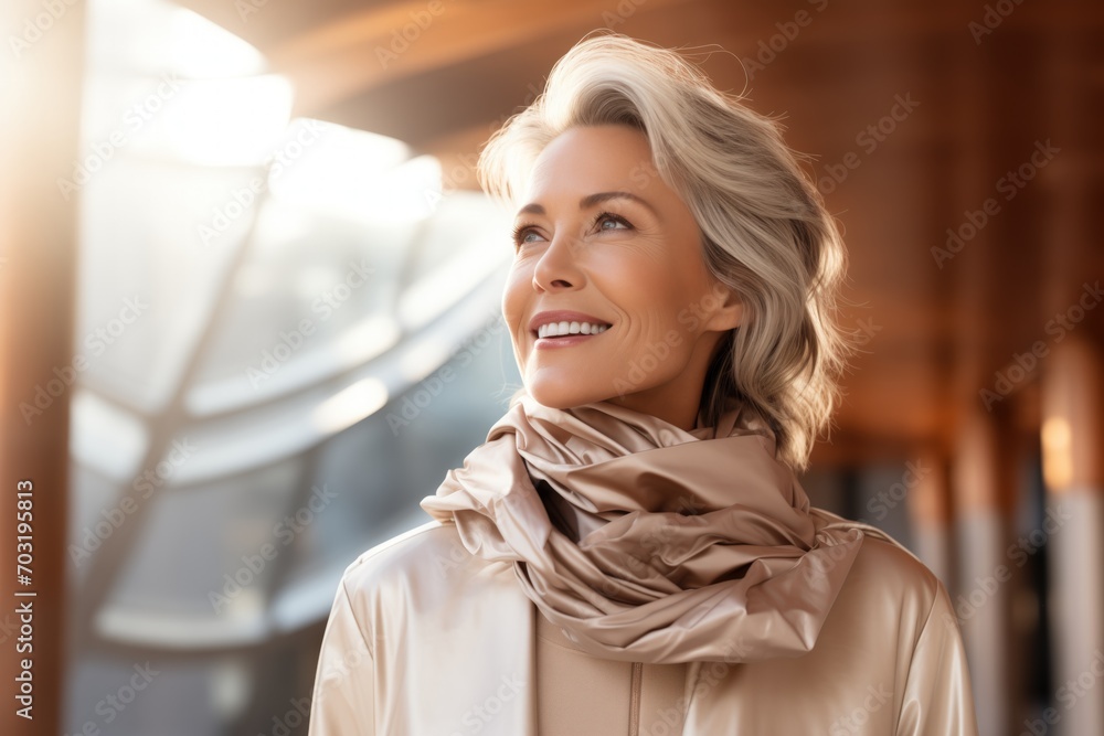 Mature woman smiling inside modern building Mature woman smiling inside modern building