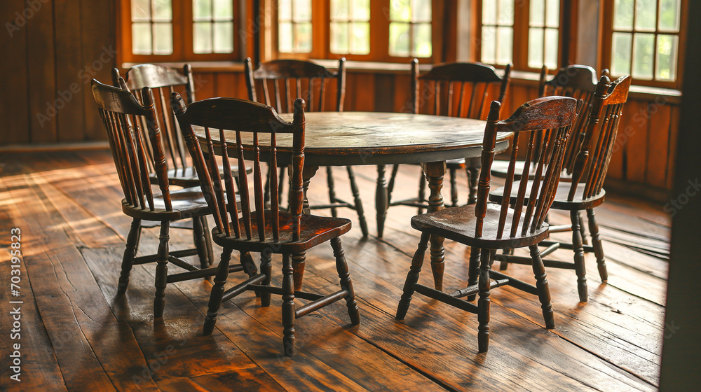 old wooden table and chairs sit in a room with hardwood floors, bathed in warm sunlight coming through windows, creating a cozy, rustic setting