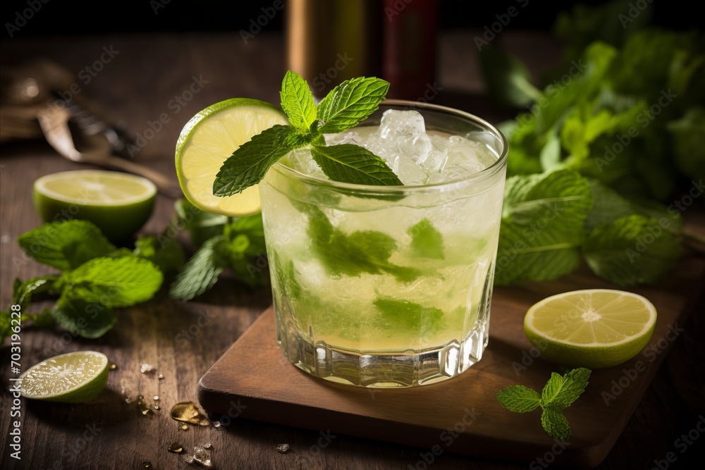 Fototapeta premium Delicious Moscow Mule Cocktail with Lime and Mint, Perfect for Copy Space and Advertisement