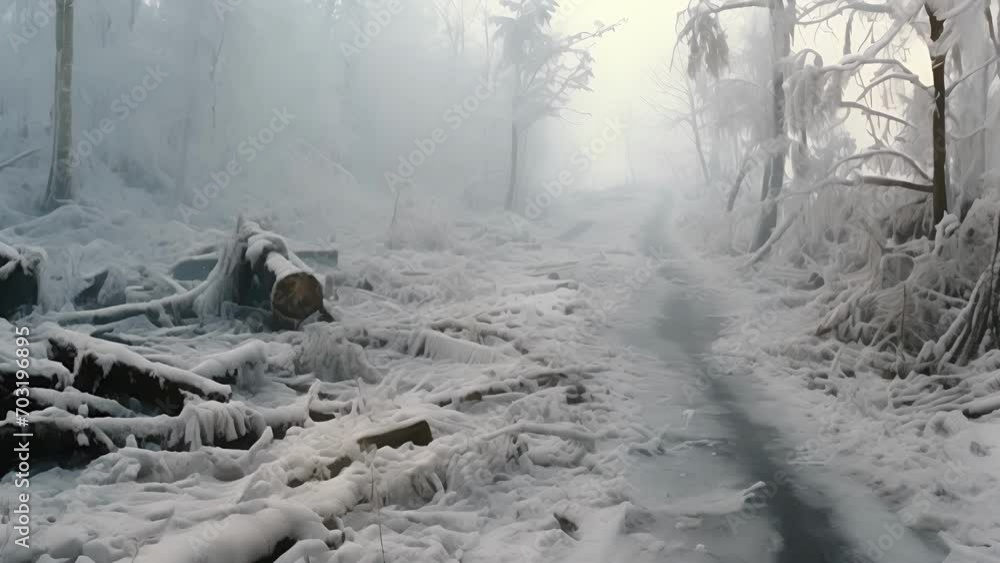 The devastating effects of winter as a violent ice storm grips a forest in its icy grasp. The devastating effects of winter as a violent ice storm grips a forest in its icy grasp.