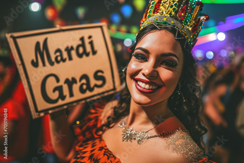 Mardi Gras concept image with woman at carnival holding Mardi Gras sign on shrove thursday holiday photo