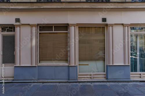 beige and grey french boutique facade , parisian storefront template , vintage shop entrance door