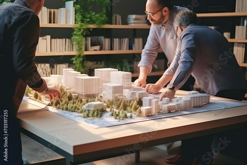 Discussion of architecture businessman in the office with the miniature design