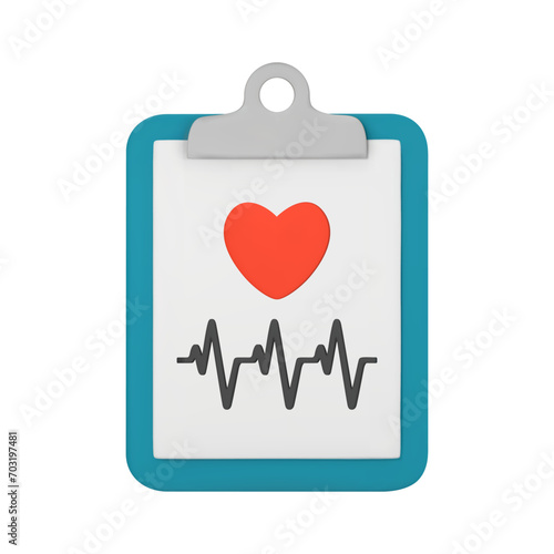 3d medical document with heart and cardiogram. Heart diagnostic, electrocardiography service, ECG procedure. Healthcare, Medical icon. 3D vector illustration isolated on white background