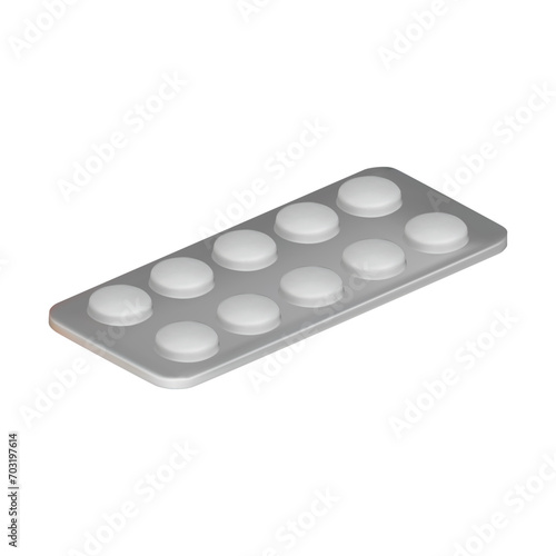 3D vector medical drugs, tabs in package, silver blister with pills. Round medicament painkillers, tablets, antibiotics, active additives. Healthcare medicines. Vector illustration isolated on white.