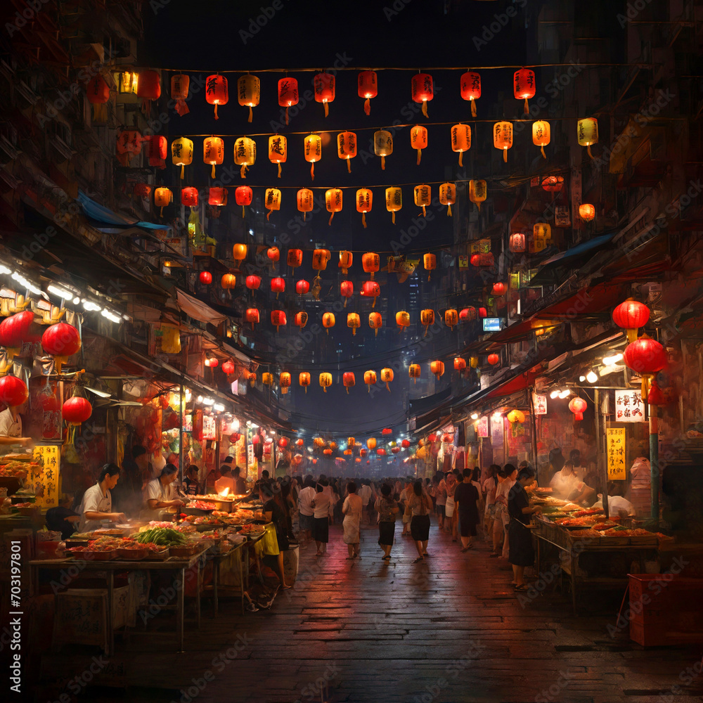 Steet shop in china japan with hanging lamps above the street