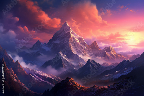 Fantasy landscape with mountains and clouds. 3D illustration. Digital painting. ai generated