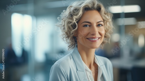 Mature woman smiling inside modern office