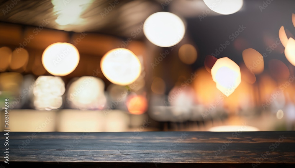 Wooden table in front of abstract blurred background of restaurant lights Wooden table in front of abstract blurred background of restaurant lights