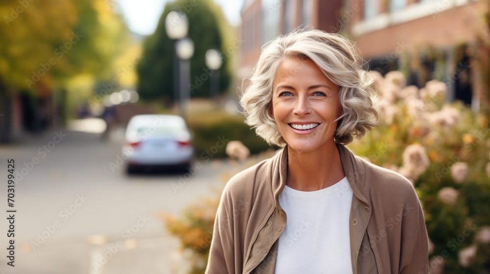Mature woman smiling on the street Mature woman smiling on the street