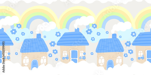 Seamless background with cute houses village seamless border houses and rainbow clouds and flowers naive style baby background for wrapping paper, notebook, album