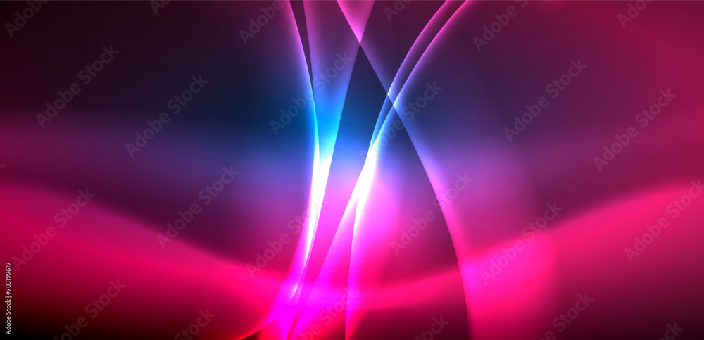 Dynamic waves in ethereal glow of neon lights. Concept merges fluidity of motion with vibrant allure of neon, crafting entrancing backdrop that embodies both vitality and futuristic sophistication Dynamic waves in ethereal glow of neon lights. Concept merges fluidity of motion with vibrant allure of neon, crafting entrancing backdrop that embodies both vitality and futuristic sophistication