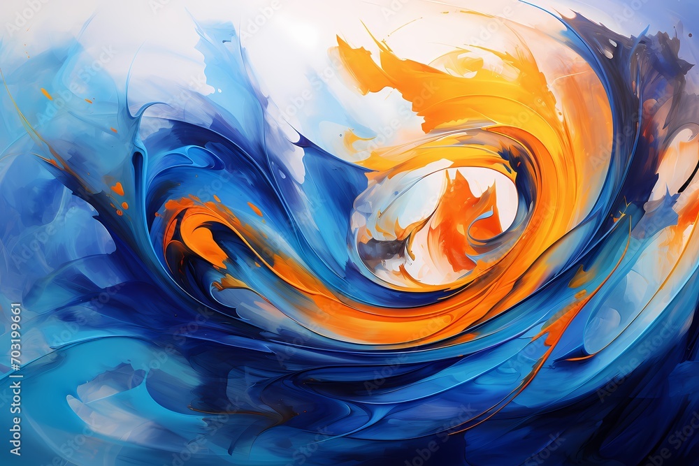 Dynamic swirls of cobalt blue and fiery orange colliding, creating a ...