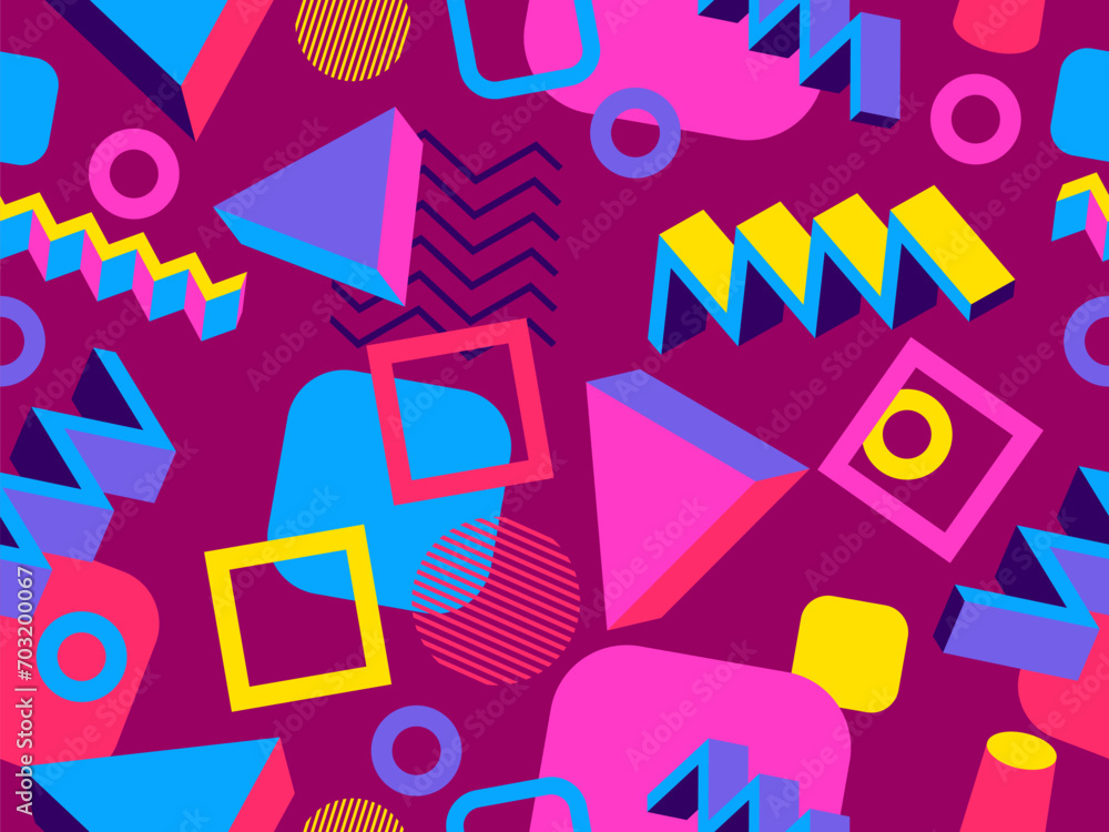Memphis seamless pattern with 3d geometric shapes in 80s style. Colorful geometric pattern. Design of promotional products, wrapping paper and printing. Vector illustration Memphis seamless pattern with 3d geometric shapes in 80s style. Colorful geometric pattern. Design of promotional products, wrapping paper and printing. Vector illustration
