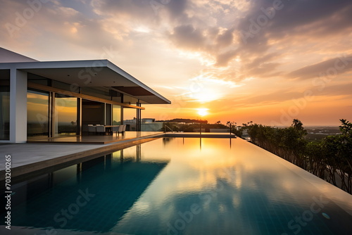Modern house with infinity pool and amazing sunset view