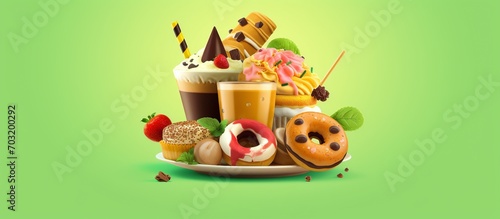 Various donuts and pastries with a glass of juice