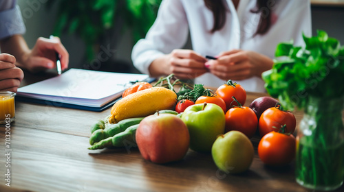 Nutritionist at a table with vegetables and fruits. Selective focus.