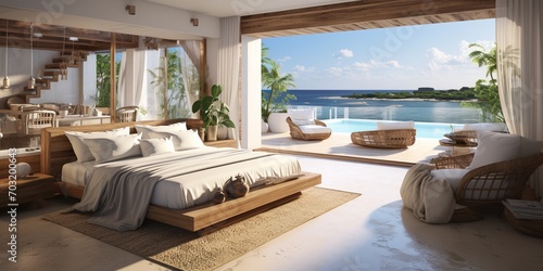 Modern luxury villa bedroom with infinity pool and ocean view