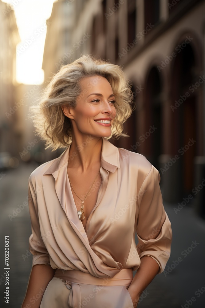 Mature woman smiling on the street Mature woman smiling on the street
