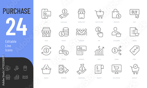Purchase Line Editable Icons set. Vector illustration in modern thin line style of payment related icons: order, seller, buy online, price, and more. Isolated on white
