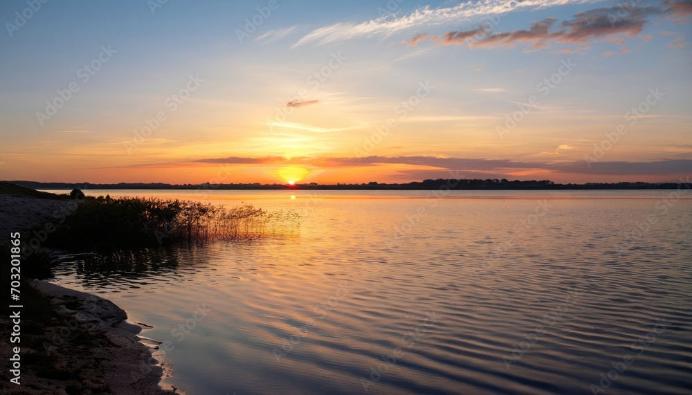 Sunset at the coast of the lake. Nature landscape