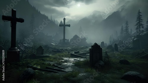 A dense mist hangs over a tranquil valley the tered graves below the only clue to the sinister secret buried within. photo