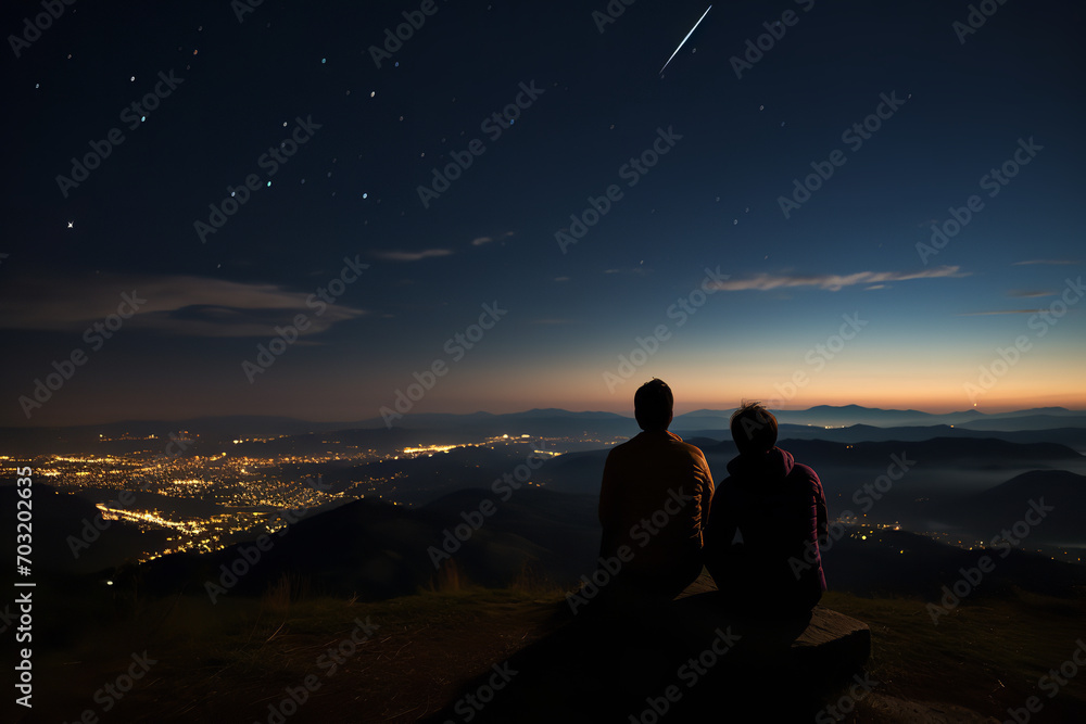 Distant view of a couple on a mountain top - romantically gazing at a stunning meteor shower - surrounded by natural beauty.