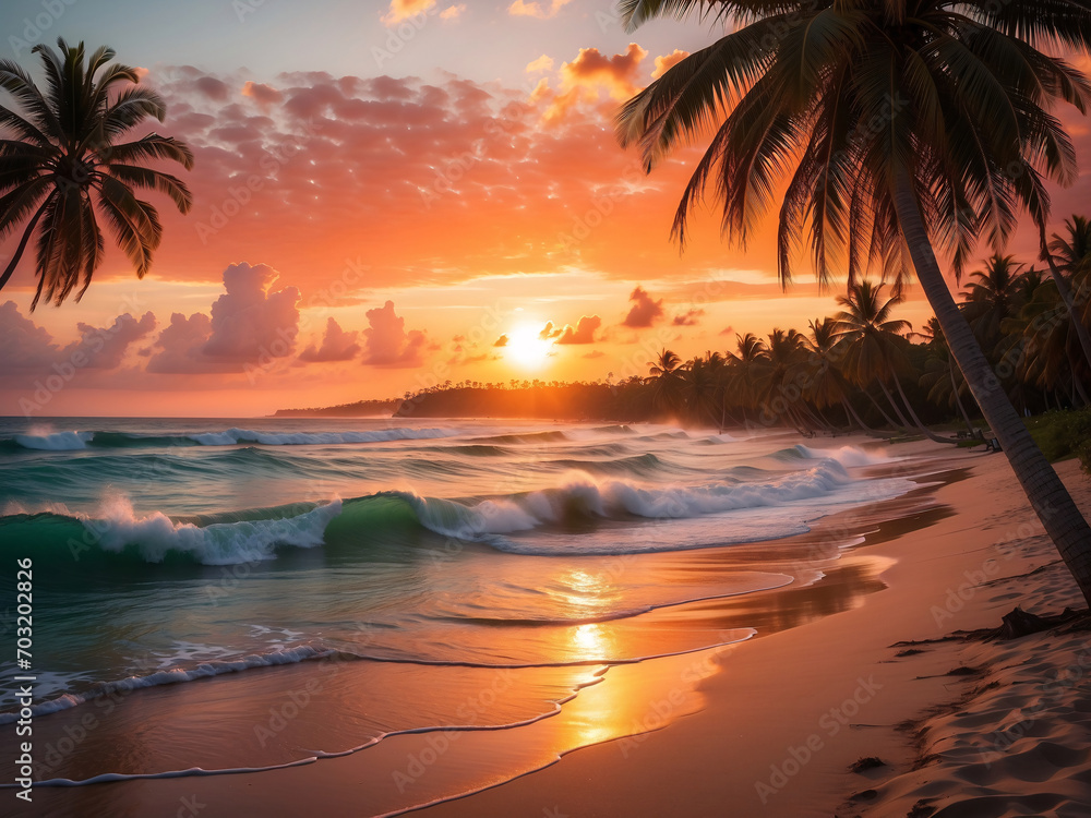 Experience the beauty of a tropical sunset with warm hues and palm trees 