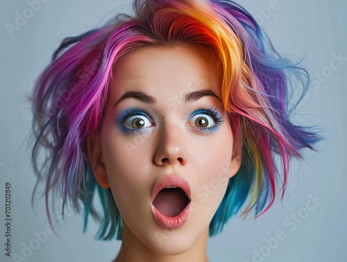 a woman with bright colored hair stares surprised with a surprised expression photo