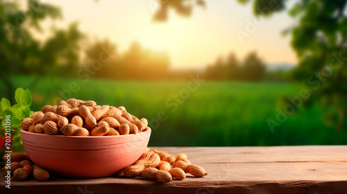 Peanuts in a bowl in the garden. Selective focus.