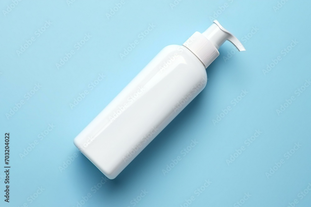 Blank white soap dispenser bottle mockup on blue background. Top view Blank white soap dispenser bottle mockup on blue background. Top view