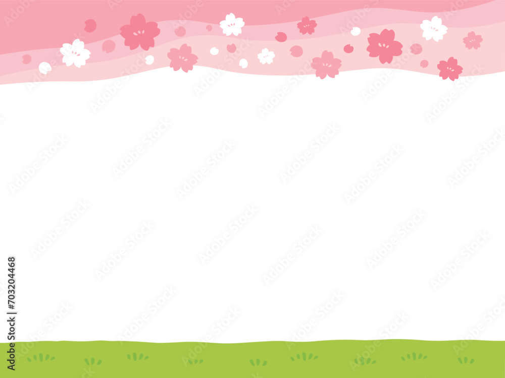 かわいい春の桜と野原のフレーム／手書きイラスト素材