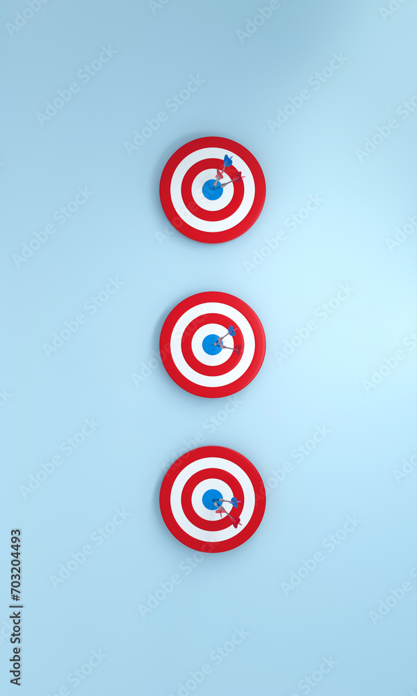 Row dart hitting target on blue background. Bullseye success concept. Vertical Size.