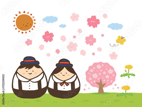 かわいい春の新入学生と太陽と桜とちょうちょうとタンポポの素材／手書きイラスト素材