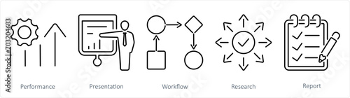A set of 5 data analytics icons as performance, presentation, workflow