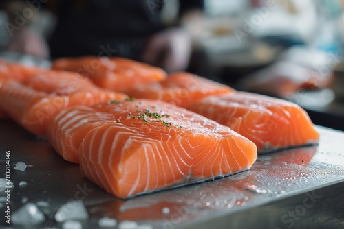 Large pieces of salmon lie on a wooden board being prepared for cooking or dried or salted with spices from salt crystals in good lighting
