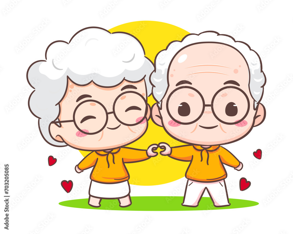 cute couple grandparents show love sign. Grandpa and grandma cartoon character. Happy old couple. Chibi vector style. Isolated white background cute couple grandparents show love sign. Grandpa and grandma cartoon character. Happy old couple. Chibi vector style. Isolated white background