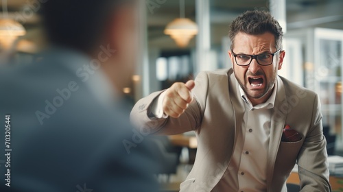 Angry yelling boss point arm to exit dismissing sad worker at office 