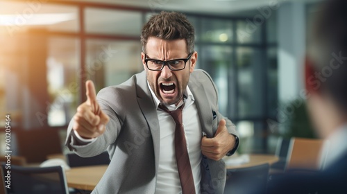 Angry yelling boss point arm to exit dismissing sad worker at office 