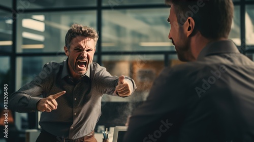 Angry yelling boss point arm to exit dismissing sad worker at office  photo