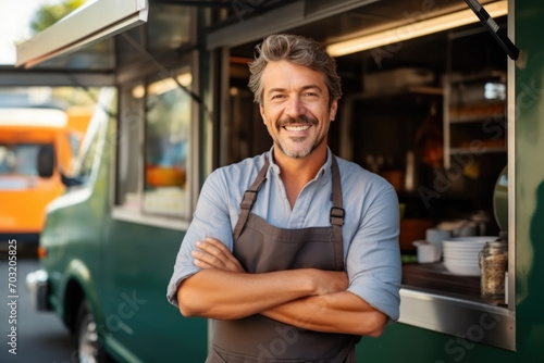 Portrait happy middle aged male smiling small business owner posing near his food truck photo