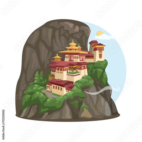 Taktsang Lhakhang or the Tiger’s Nest Monastery On CliffSide Bhutan Illustration Vector