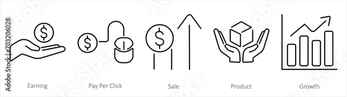 A set of 5 digital marketing icons as earning, pay per click, sale
